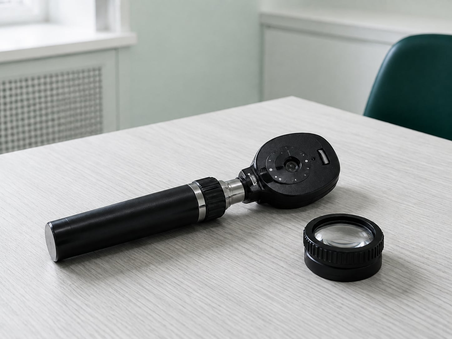 Praxisvisualisierung von Ophthalmoskop und Funduslinse als augenärztliche Basisinstrumente